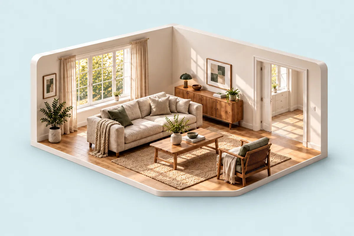 Illustrative cutaway of a sunlit sitting room with a linen sofa, oak furniture and soft daylight.